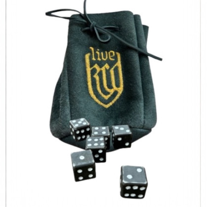 Hand-stitched leather pouch with forged dice