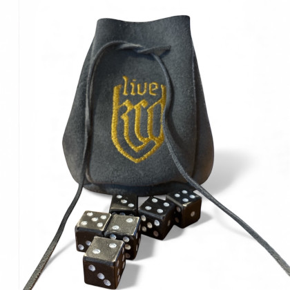 Hand-stitched leather pouch with forged dice